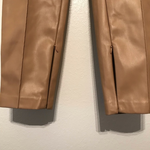 Zara Womens Faux Leather Tan Pants Side Zip & Zip at Ankles Size US L Neutral - Picture 4 of 10